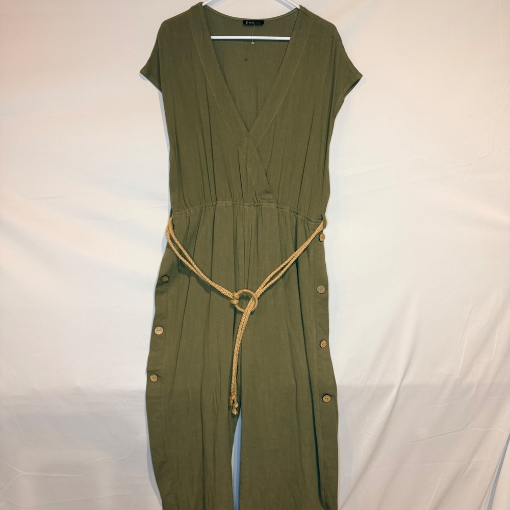 Very J Womens Olive Green V-Neck Wide Leg Jumpsuit with Rope Belt Size L